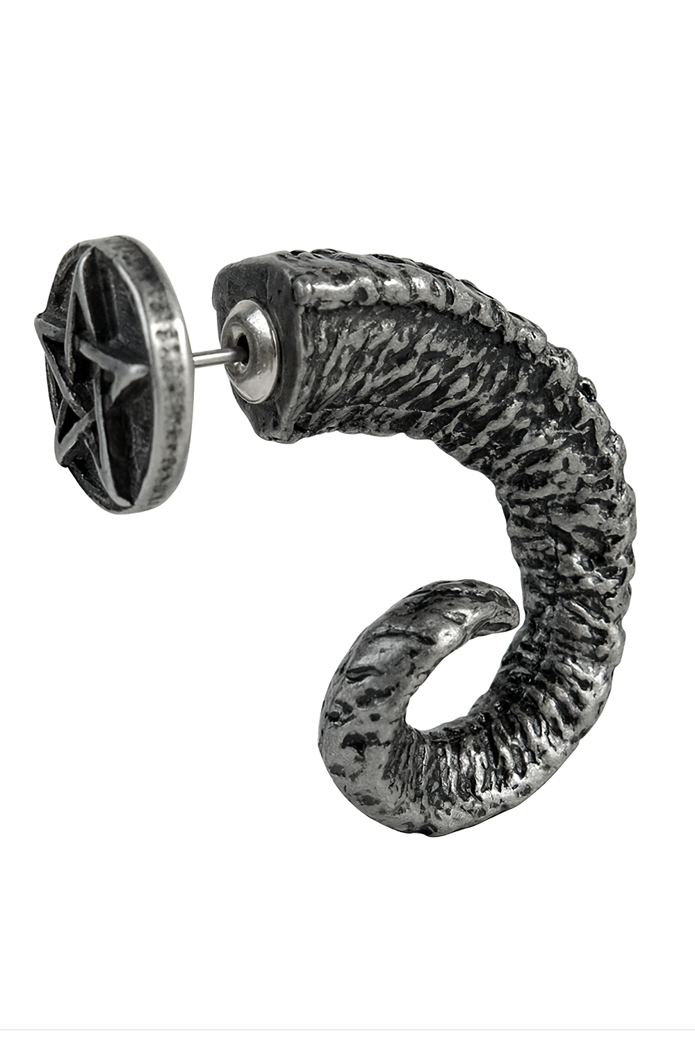Pewter Ram's Horn Earring with Pentagram End Cap showcasing intricate design and mystical symbol.
