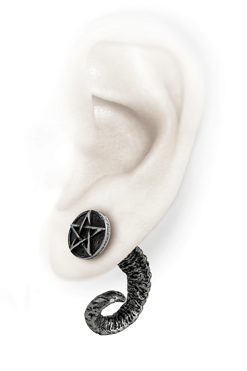 Pewter Ram's Horn Earring with Pentagram End Cap showcasing mystical design on earlobe.