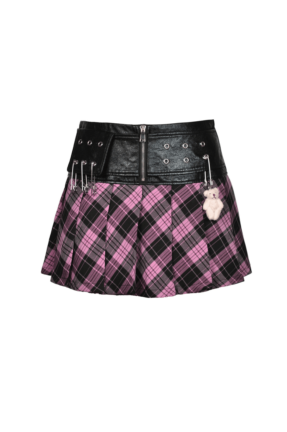 Pink and Black Plaid Mini Skirt with Edgy Leather Belt