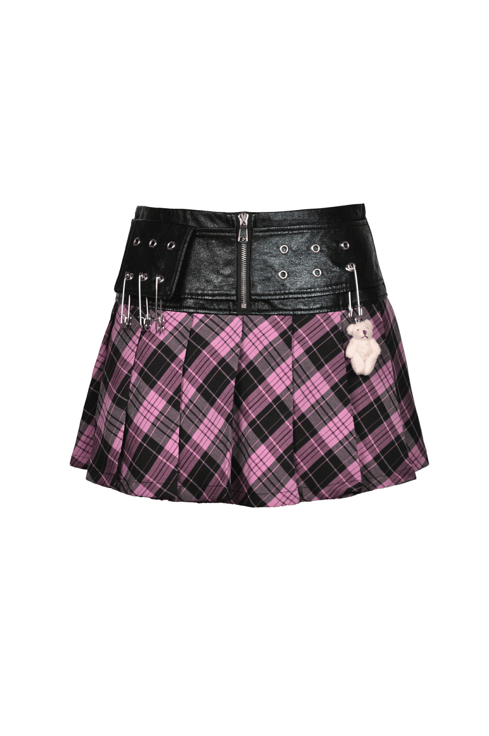 Pink and black plaid mini skirt with edgy leather belt and grommet detail, perfect for punk rock styling.