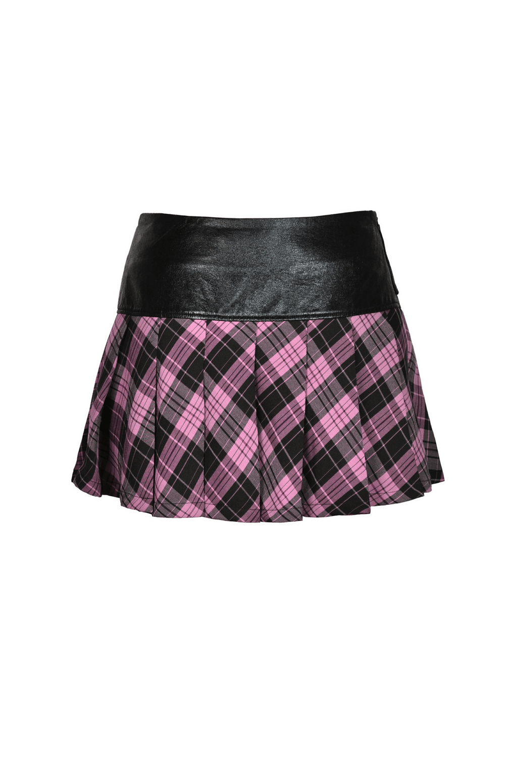 Pink and black plaid mini skirt with edgy leather belt, perfect for punk rock style and a flirty, feminine look.