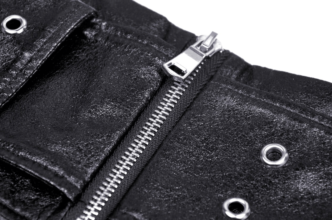 Black leather belt close-up with zipper and grommet details, perfect for punk rock outfits.