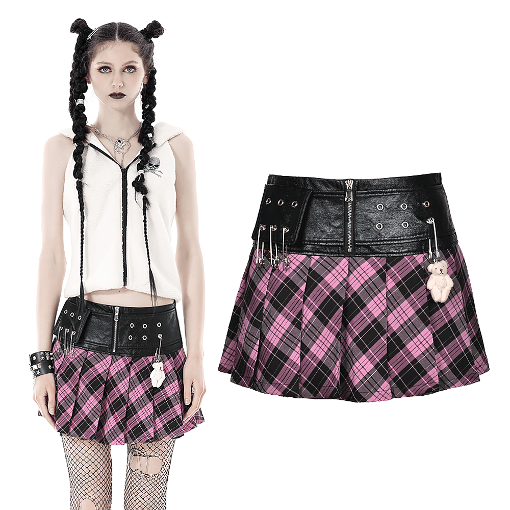 Punk rock style pink and black plaid mini skirt with edgy leather grommet belt detail.