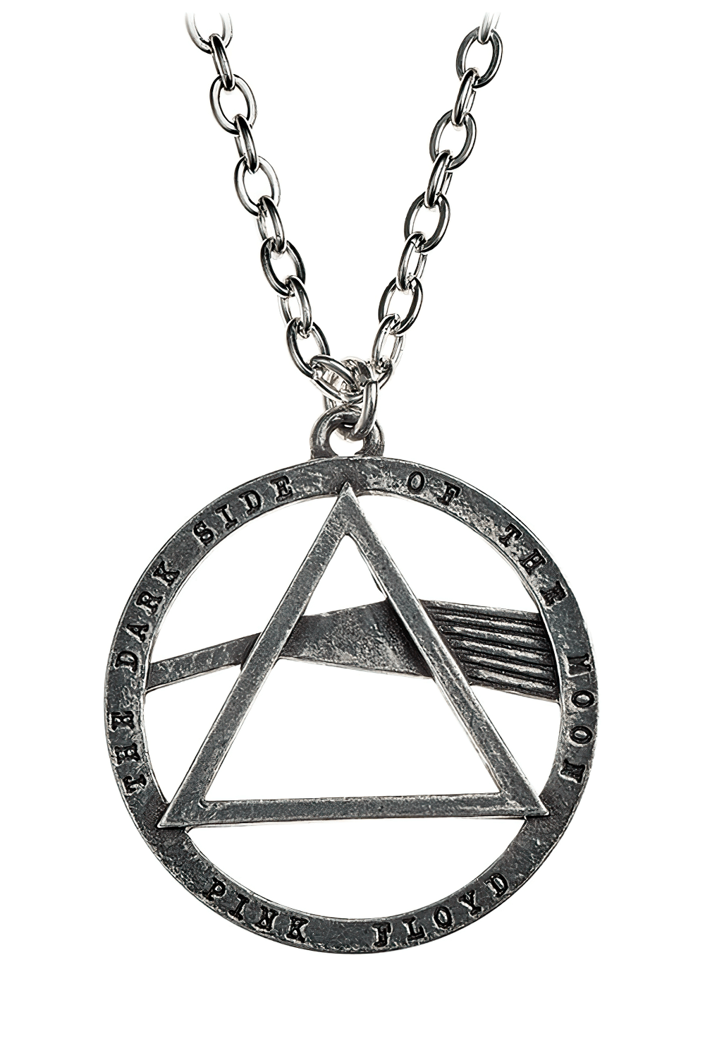 Pink Floyd Dark Side of the Moon pewter prism pendant necklace with triangular design and chain.
