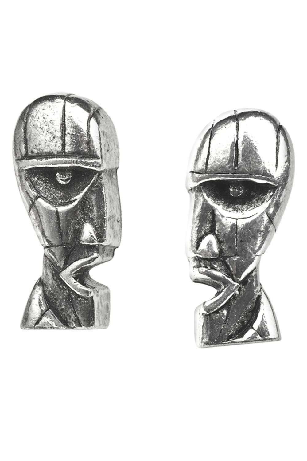 Pink Floyd Division Bell pewter stud earrings featuring 3D sculpted heads inspired by Storm Thorgerson's album cover.