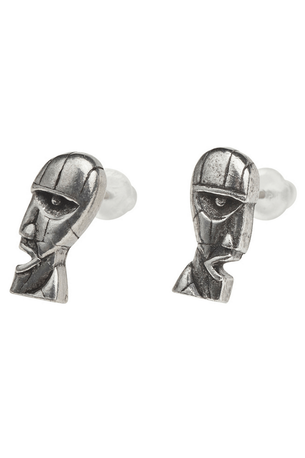 Pink Floyd Division Bell 3D Head Pewter Stud Earrings showcasing gothic artistry and music history.