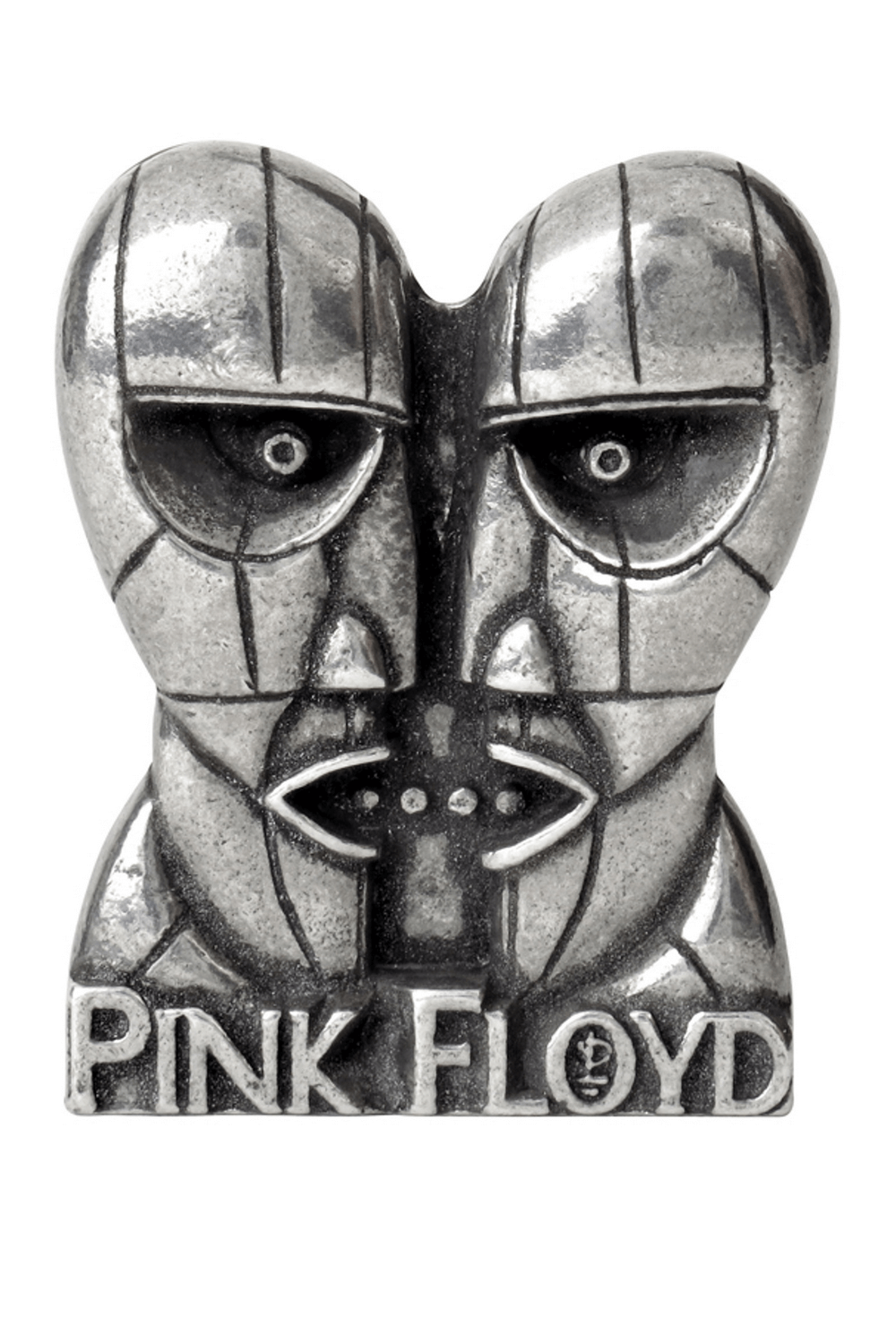 Pink Floyd Division Bell pewter pin badge featuring iconic mask design, perfect for fans and collectors.