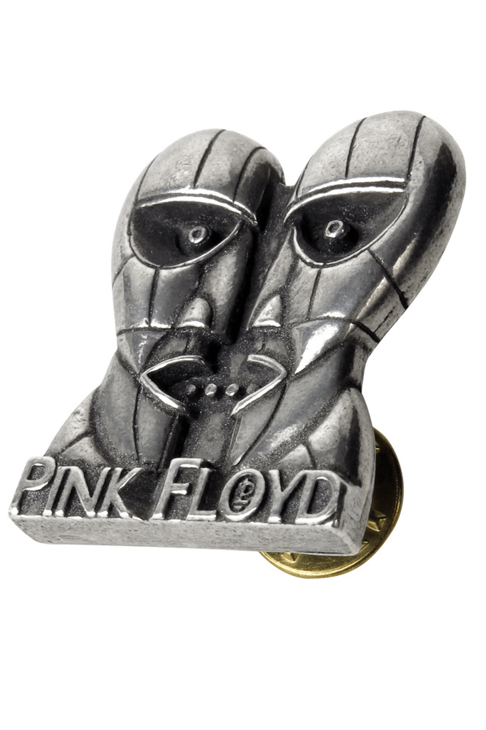 Pink Floyd Division Bell pewter pin badge featuring iconic mask design with clutch back.