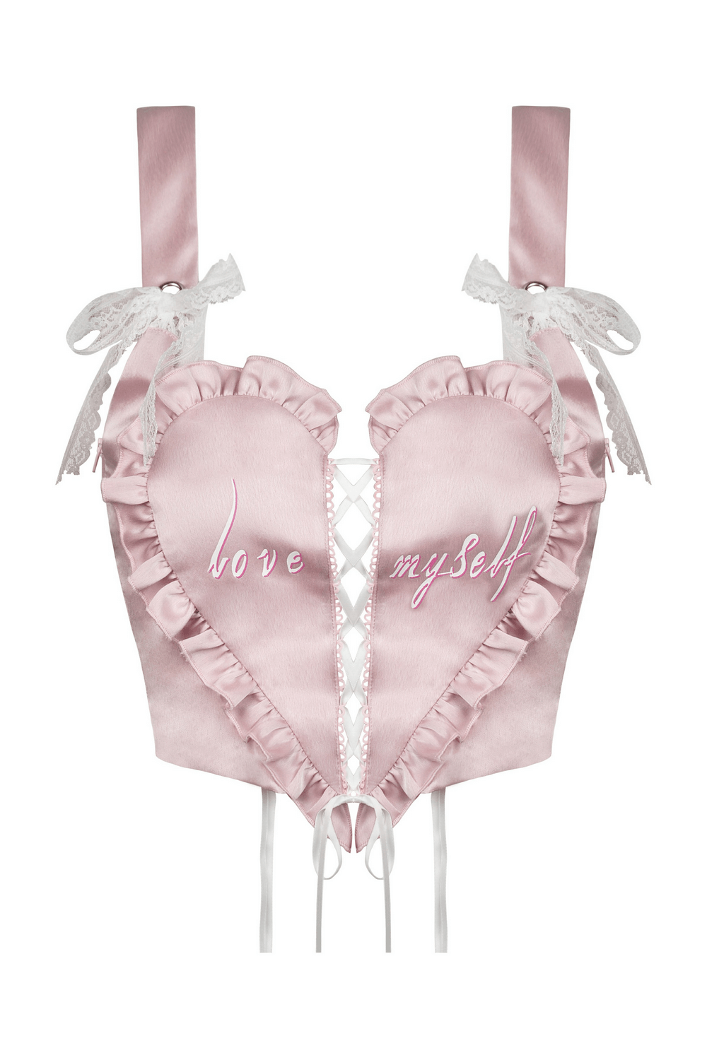Gothic pink heart-shaped bustier top with lace-up front and ruffle detail, perfect for edgy outfits.