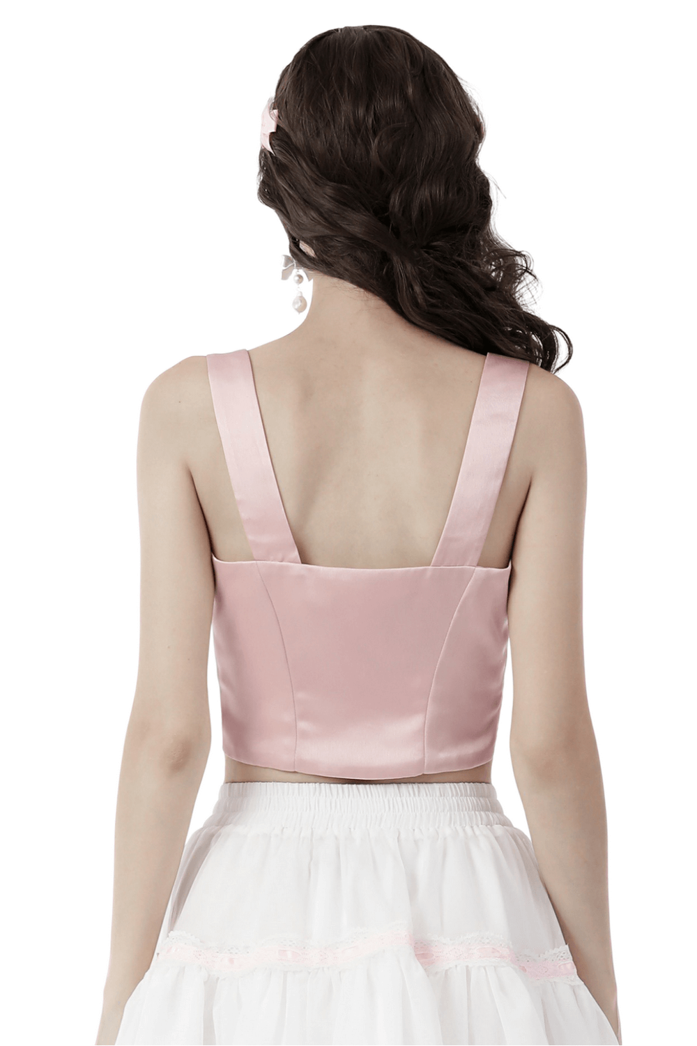 Back view of a pink heart-shaped bustier top showcasing satin fabric and wide straps, ideal for gothic and romantic outfits.