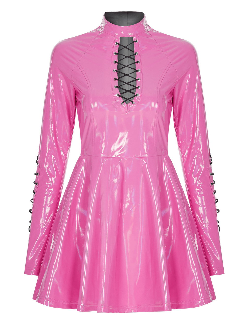 Pink Patent Lace Up Mini Dress with Zipper Back featuring shiny PU vinyl fabric and lace details for a punk-inspired look.