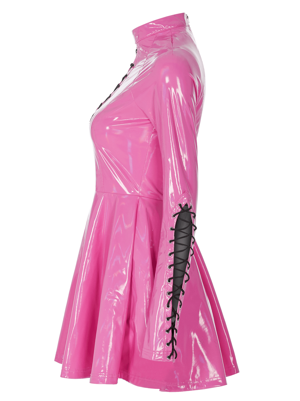 Pink Patent Lace Up Mini Dress with Zipper Back showcased from the side, highlighting its shiny vinyl and lace detail.