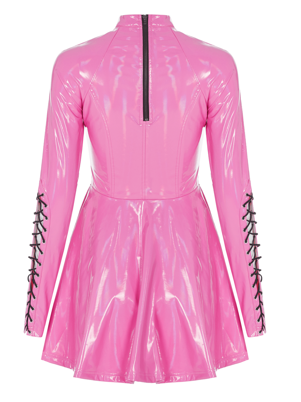 Pink Patent Lace Up Mini Dress with Zipper Back showcasing a glossy, vibrant design and stylish lace-up details.