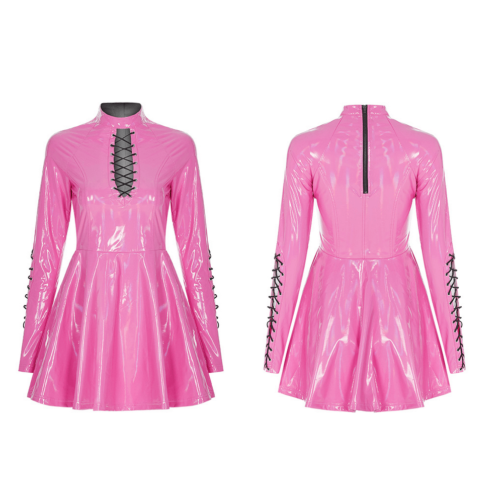 Pink Patent Lace Up Mini Dress with Zipper Back showcasing shiny PU vinyl and playful lace detailing.
