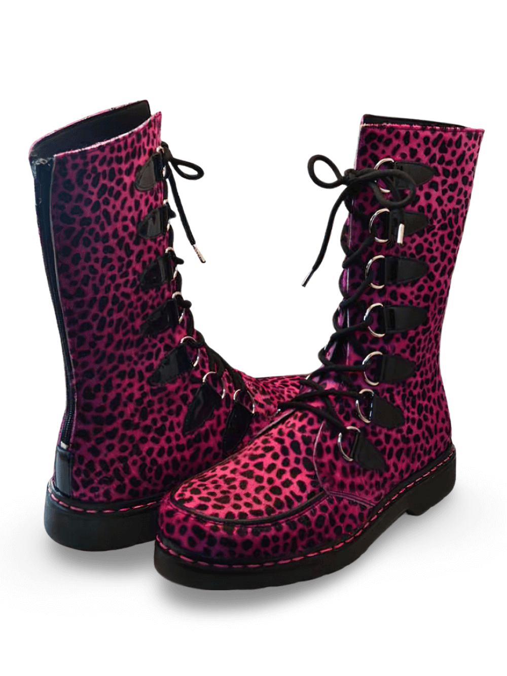 Pink Zippered Leopard Print Boots with PU Flat Sole