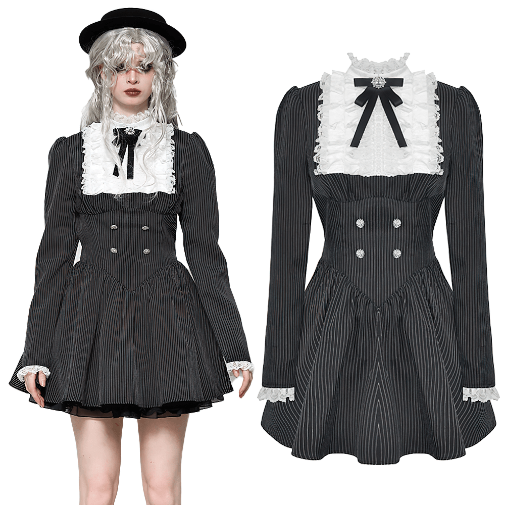 Stylish pinstripe gothic dress featuring lace ruffle, bow details, and double-breasted design for alternative fashion enthusiasts.