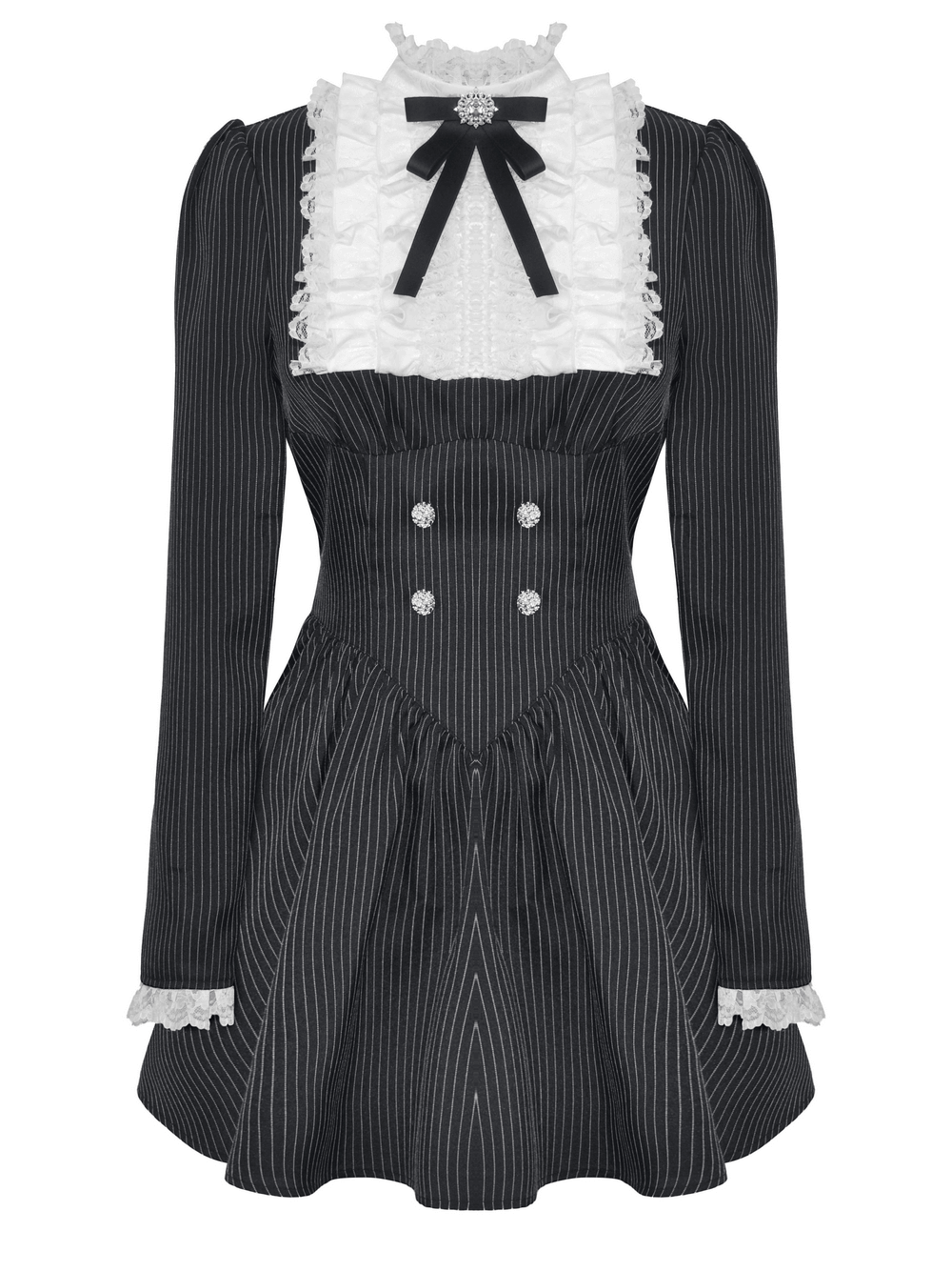 Pinstripe Gothic dress with lace ruffle, bow details, and double-breasted design for vintage charm and elegance.