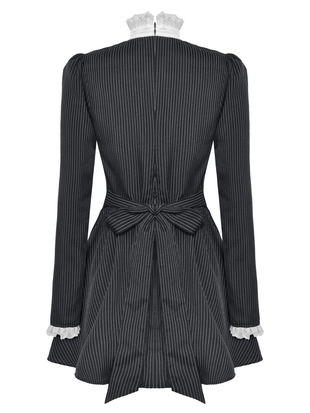 Back view of a stylish pinstripe gothic dress featuring a lace ruffle, elegant bow, and puffed sleeves.