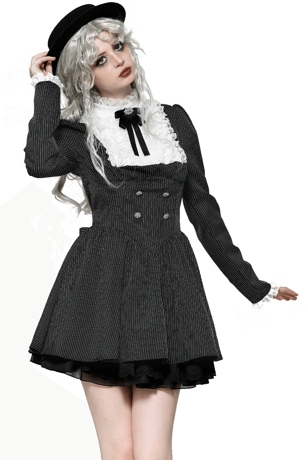 Pinstripe gothic dress with lace ruffle and bow, featuring puffed sleeves and double-breasted design, perfect for alternative fashion.