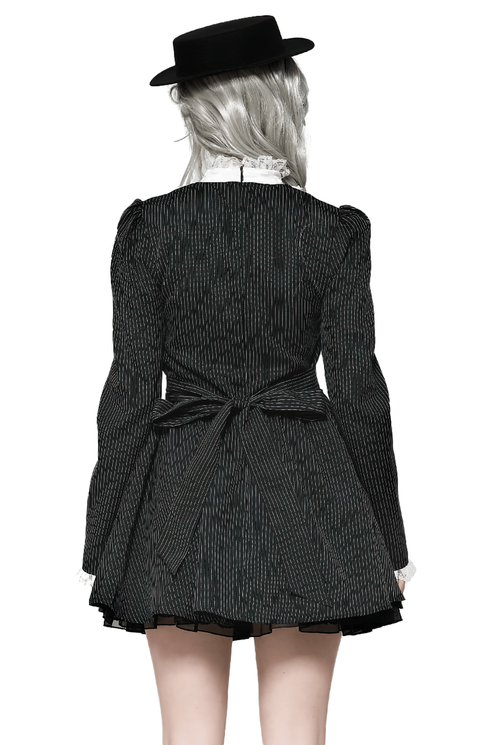 Stylish pinstripe gothic dress with lace ruffle and bow details, showcasing chic back view and puffed sleeves.