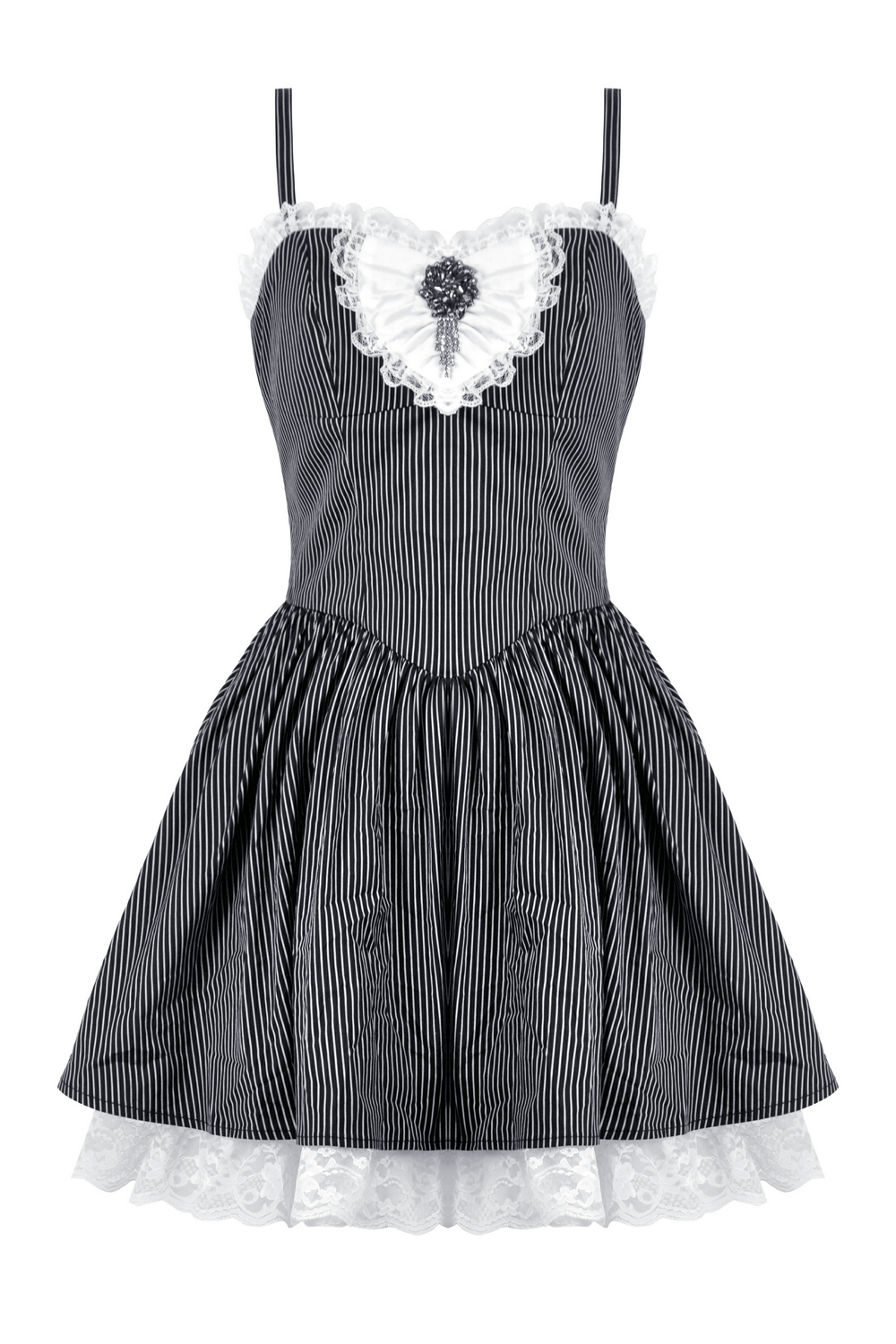 Pinstripe Gothic dress with lace trim, heart-shaped neckline, and satin bow, perfect for vintage-inspired fashion.