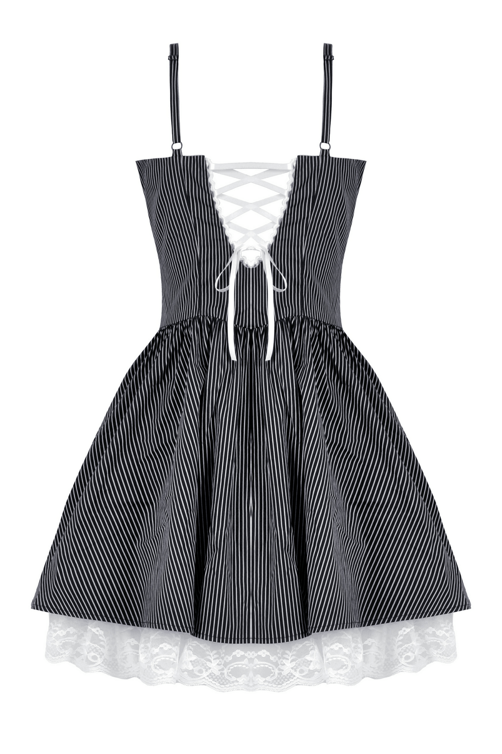 Pinstripe Gothic dress featuring lace trim, corset back, and ruffled accents for a vintage-inspired look.