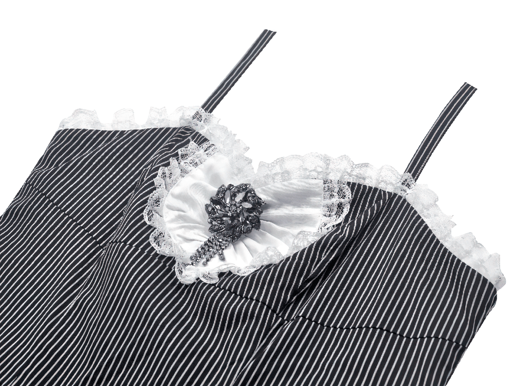 Pinstripe Gothic dress featuring ruffled lace trim, satin bow, and adjustable straps for a vintage-inspired look.