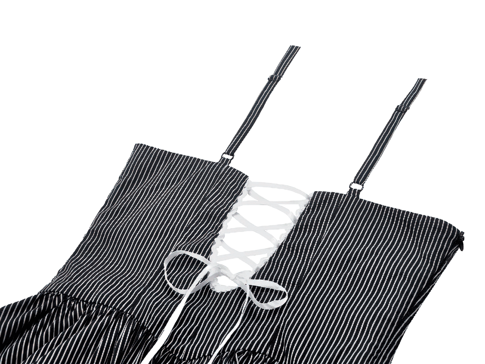 Pinstripe Gothic dress straps featuring lace-up corset back and ruffled lace trim for a vintage-inspired look.