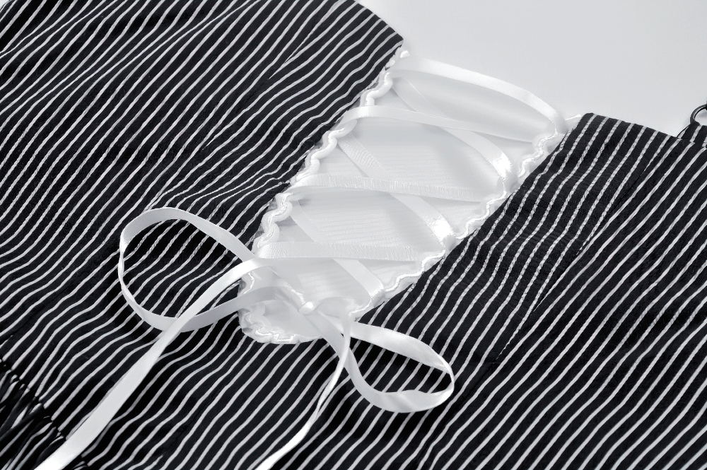 Close-up of pinstripe Gothic dress corset back with white lace-up ribbon and adjustable straps for a tailored fit.
