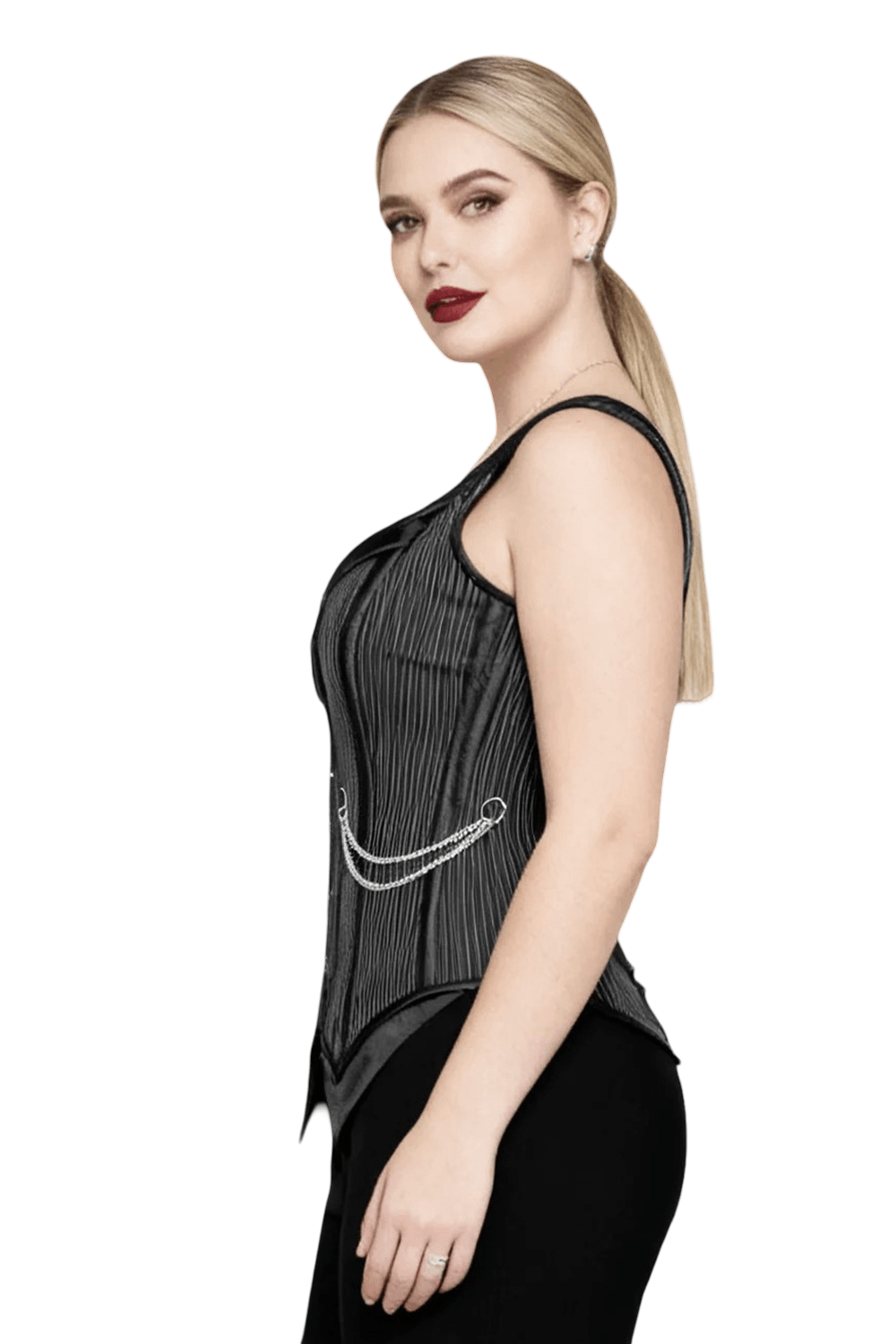 Model wearing a Pinstripe Gothic Overbust Corset with Chain Accents, showcasing the sleek black design and side chains.