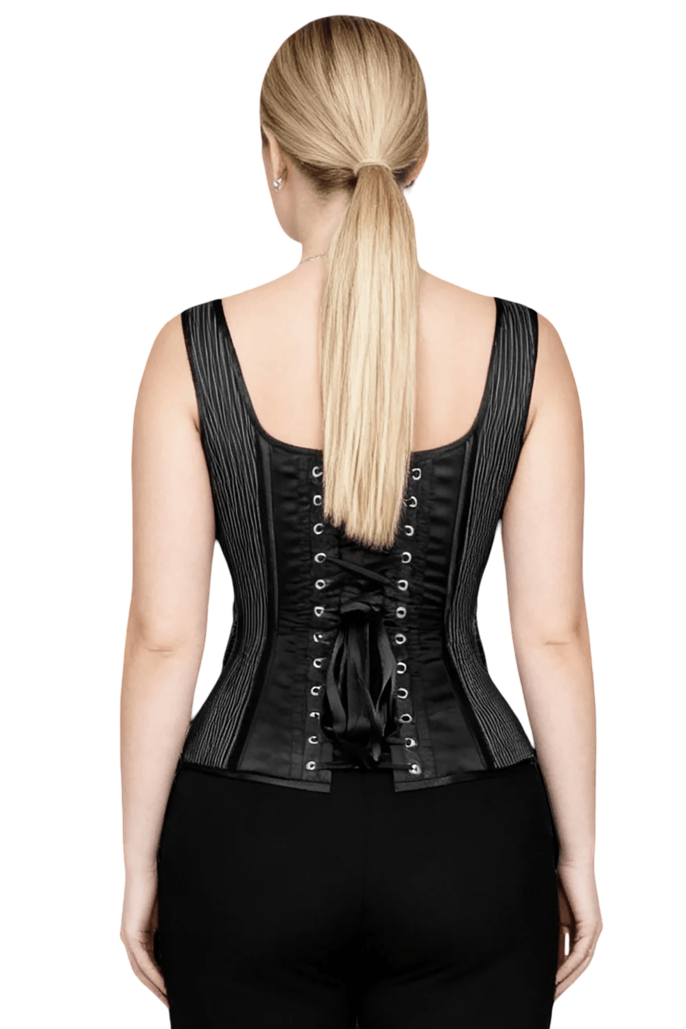 Pinstripe Gothic Overbust Corset with Chain Accents featuring a chic lace-up back detail.