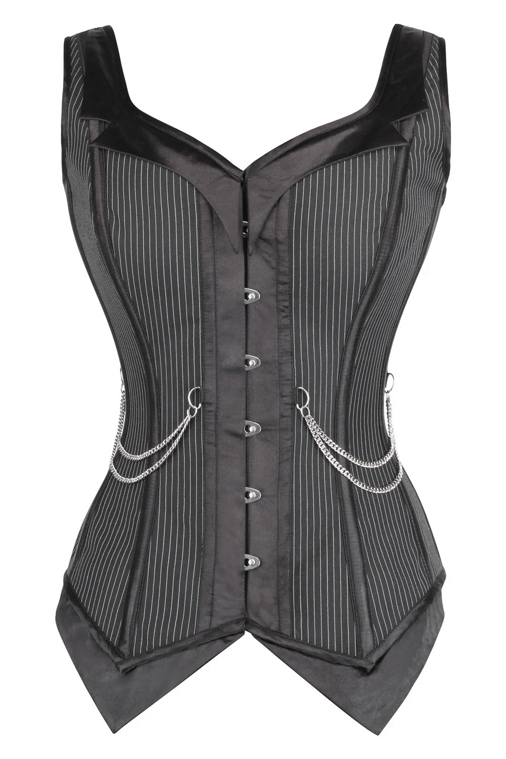 Pinstripe Gothic Overbust Corset with Chain Accents featuring a sleek design and decorative chains.