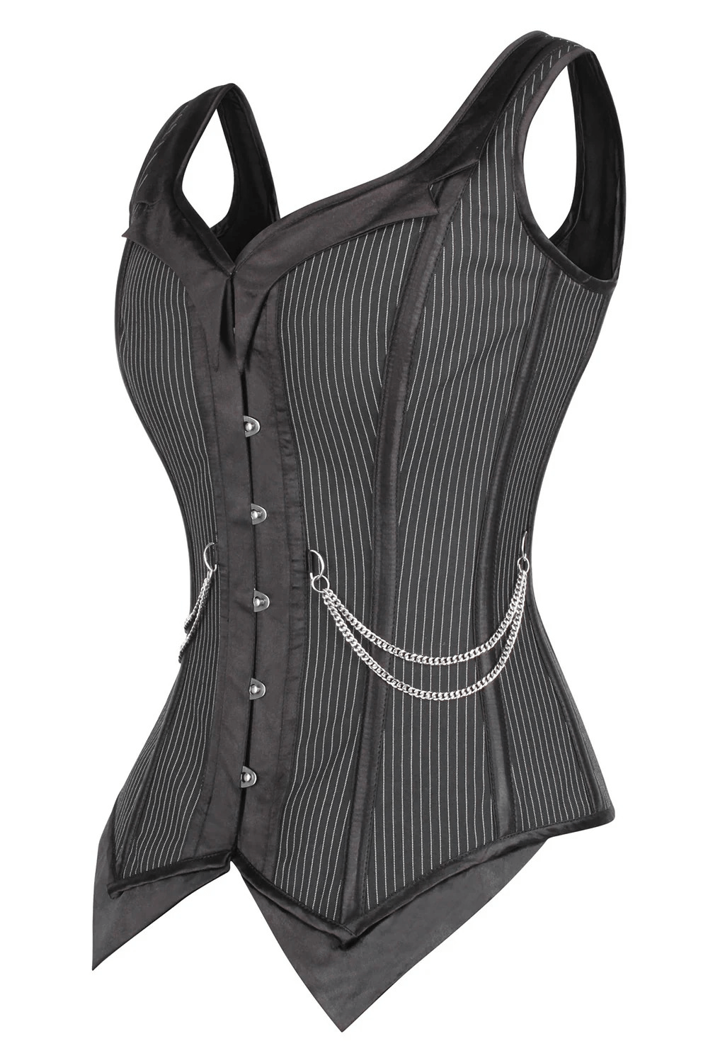 Pinstripe Gothic Overbust Corset with Chain Accents featuring a sleek design and decorative chains.