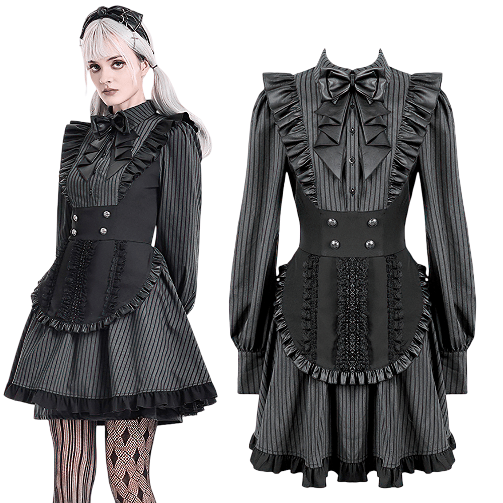 Pinstripe Mini Dress with Ruffled Apron and Bow