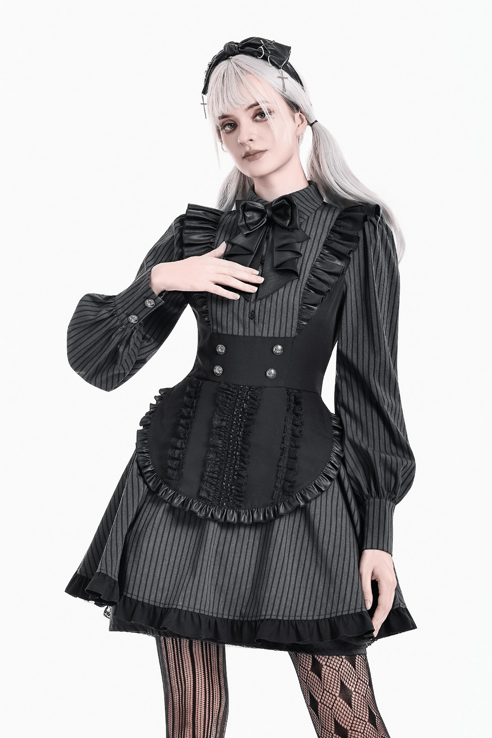 Pinstripe Mini Dress with Ruffled Apron and Bow