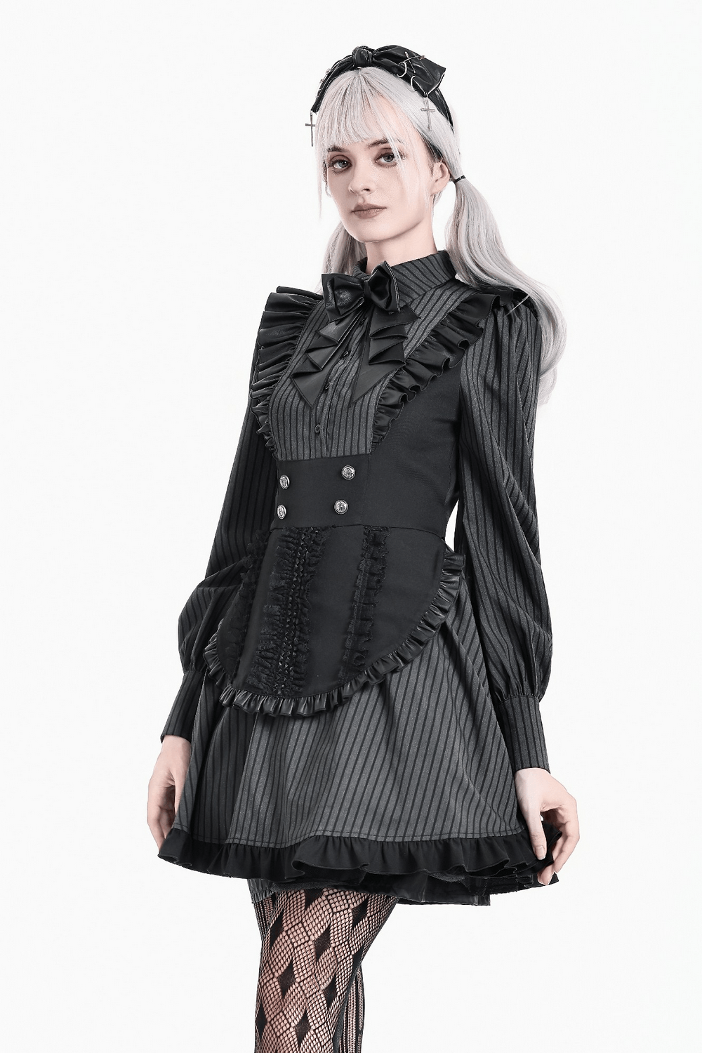 Pinstripe Mini Dress with Ruffled Apron and Bow