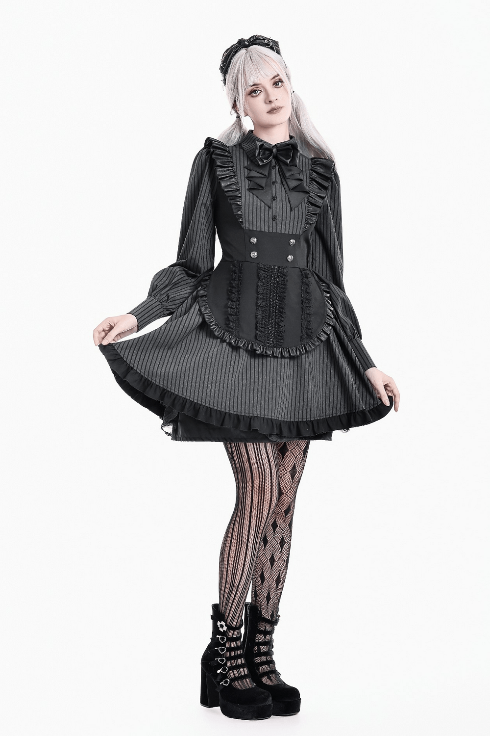 Pinstripe Mini Dress with Ruffled Apron and Bow