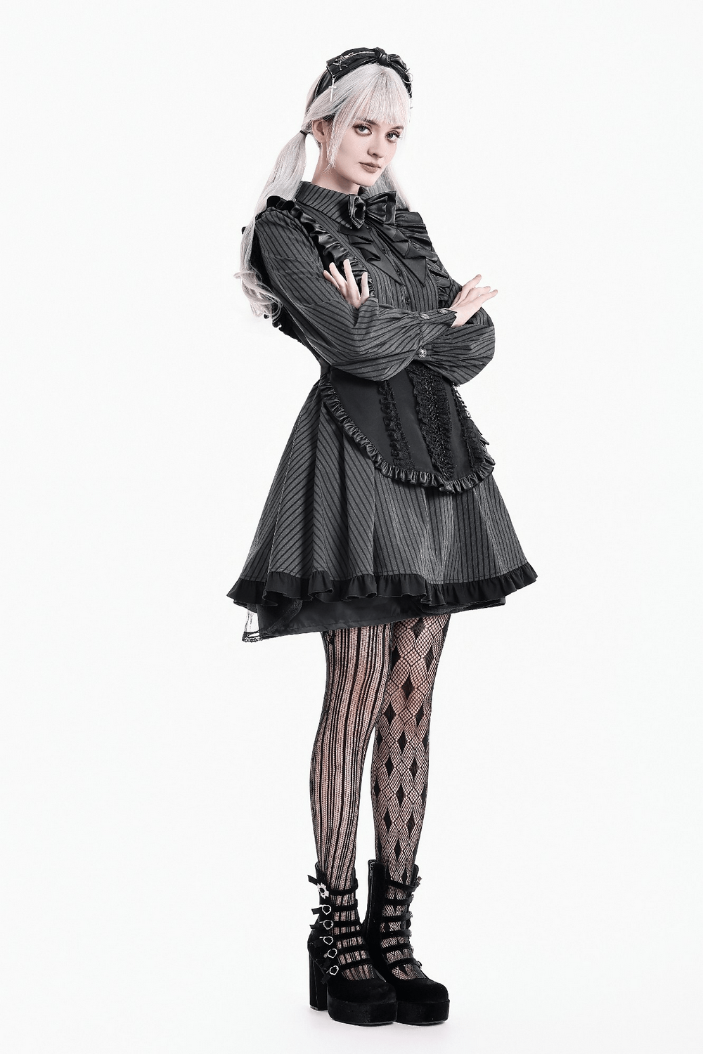 Pinstripe Mini Dress with Ruffled Apron and Bow