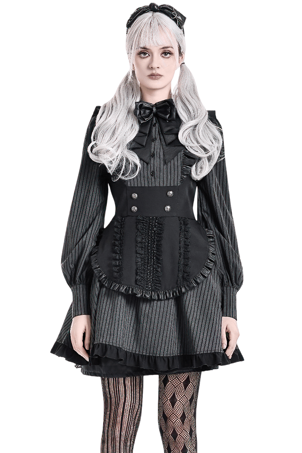 Pinstripe Mini Dress with Ruffled Apron and Bow
