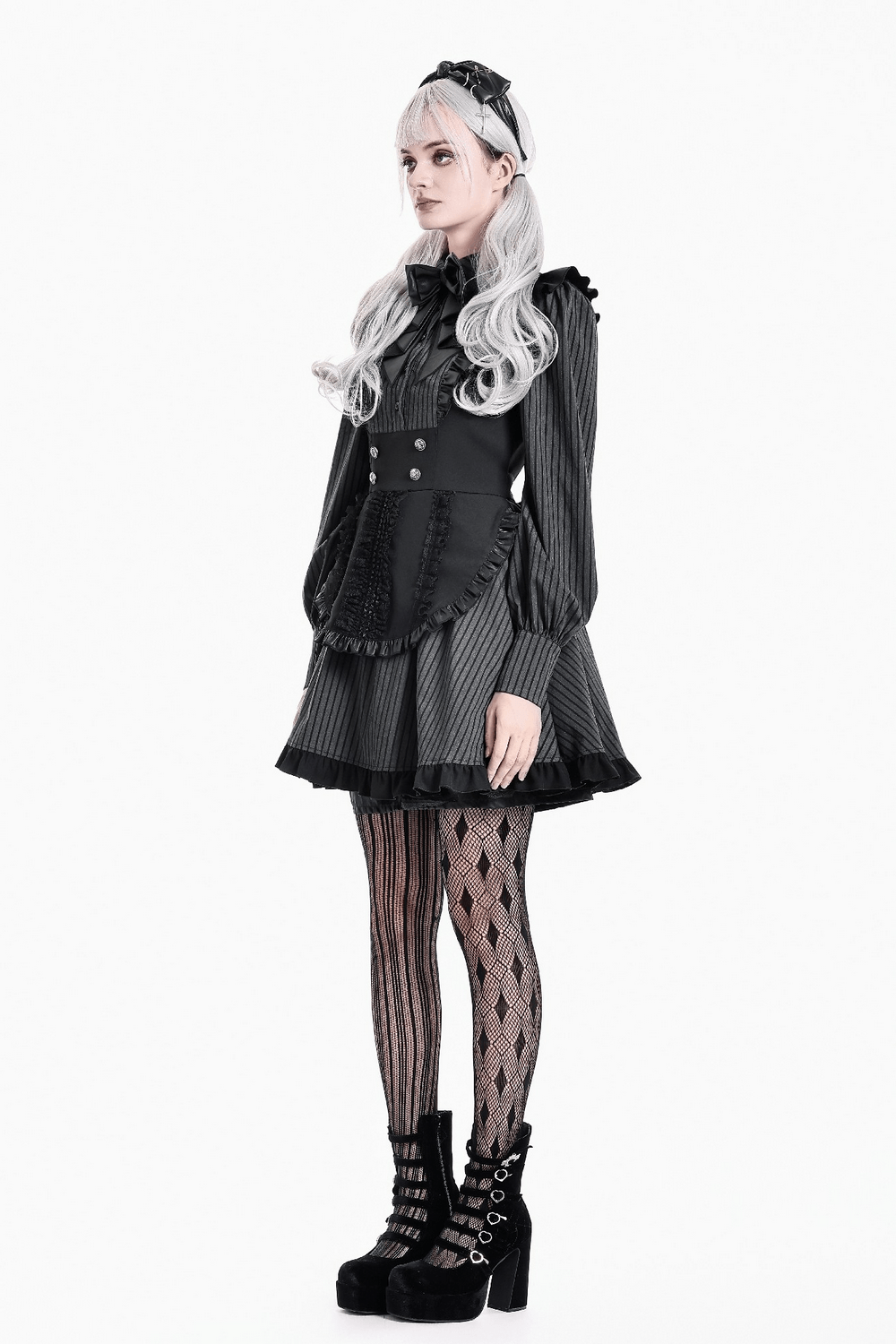 Pinstripe Mini Dress with Ruffled Apron and Bow