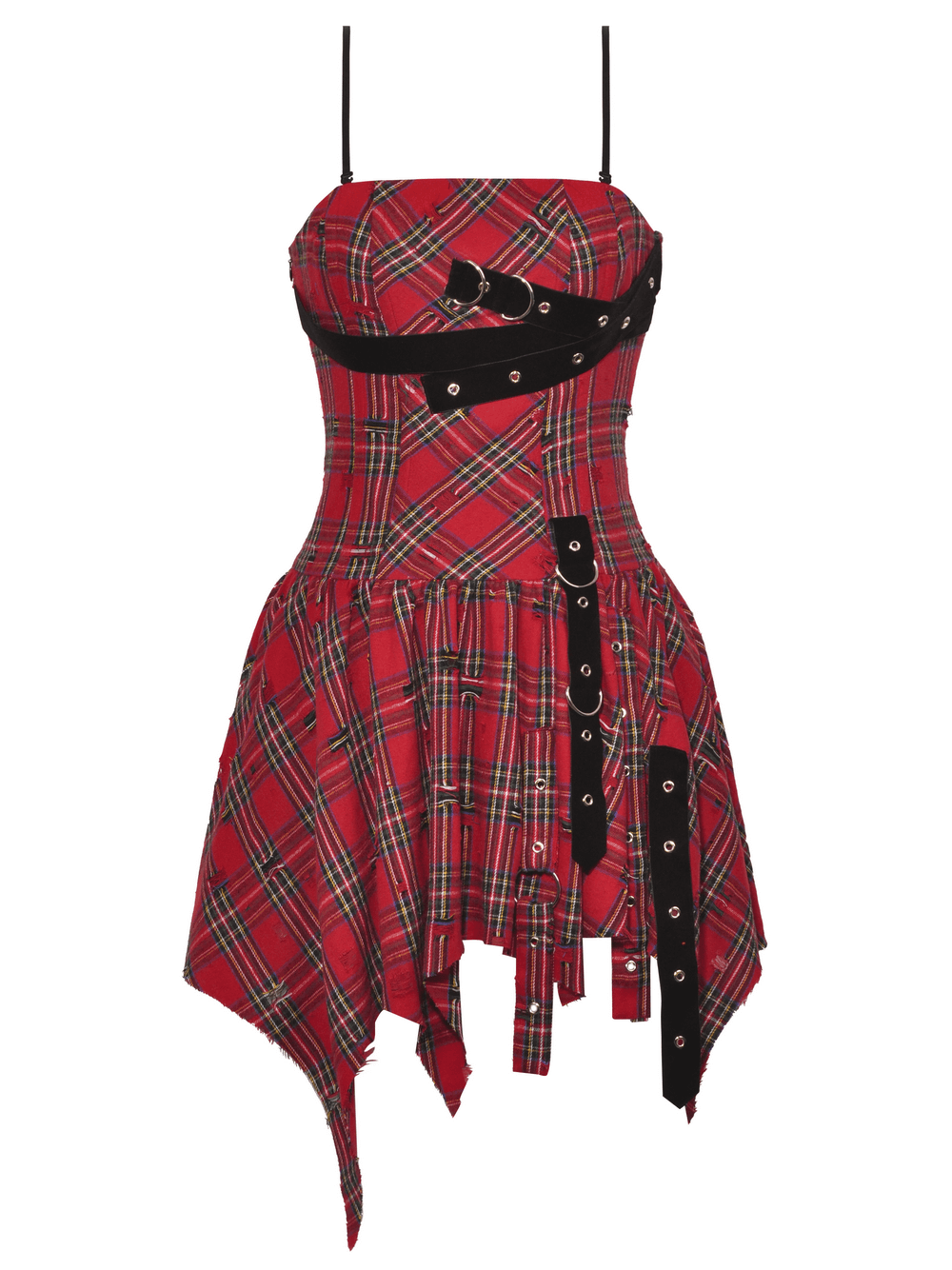 Red plaid corset mini dress with edgy straps and asymmetrical hem, perfect for punk-inspired outfits.