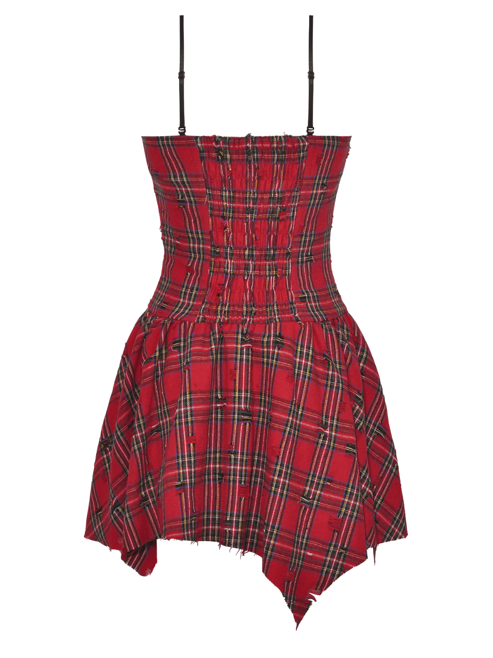 Red plaid corset dress with edgy straps and asymmetrical hemline, perfect for a punk-inspired look.