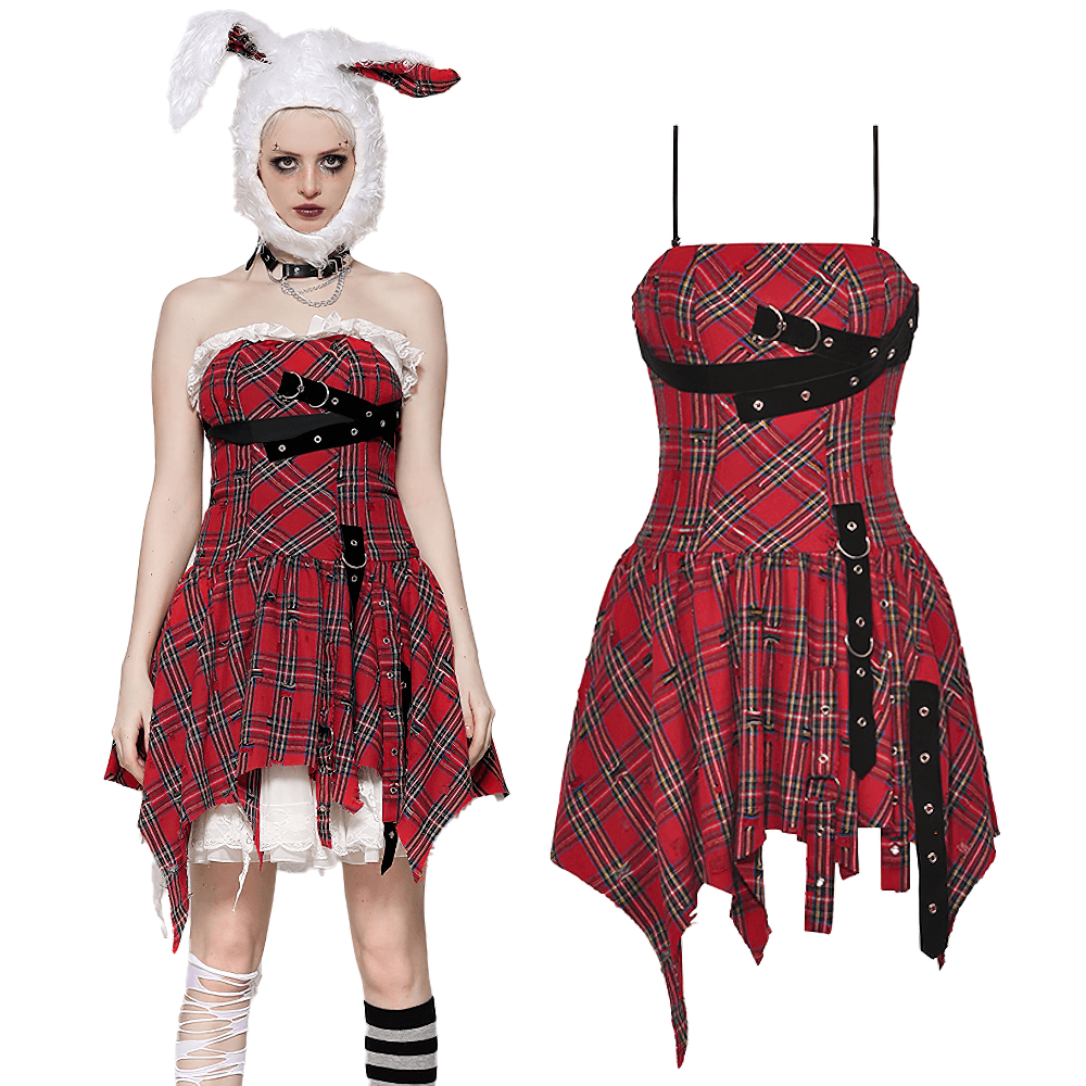 Edgy plaid corset dress with punk straps and asymmetrical hem, styled for a bold fashion statement.