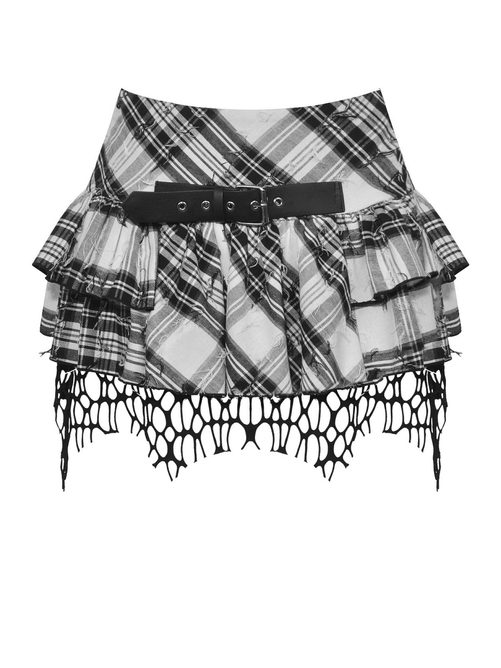 Gothic plaid mini skirt featuring ruffled layers, black belt, and edgy mesh trim for a rebellious look.