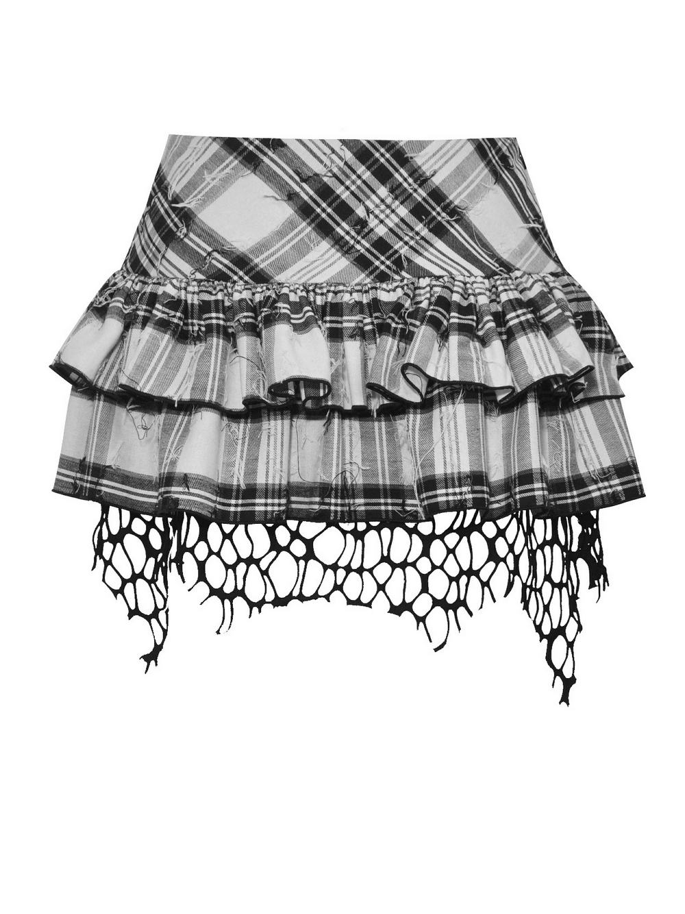 Gothic plaid layered mini skirt with ruffles and asymmetrical mesh trim, perfect for punk-inspired fashion.