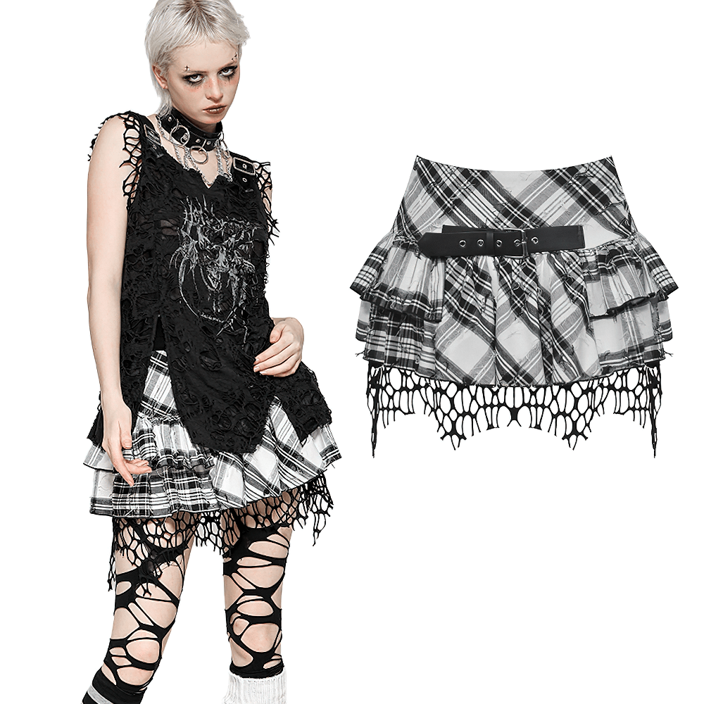 Gothic plaid layered mini skirt with belt and mesh trim, featuring ruffled tiers and edgy design.