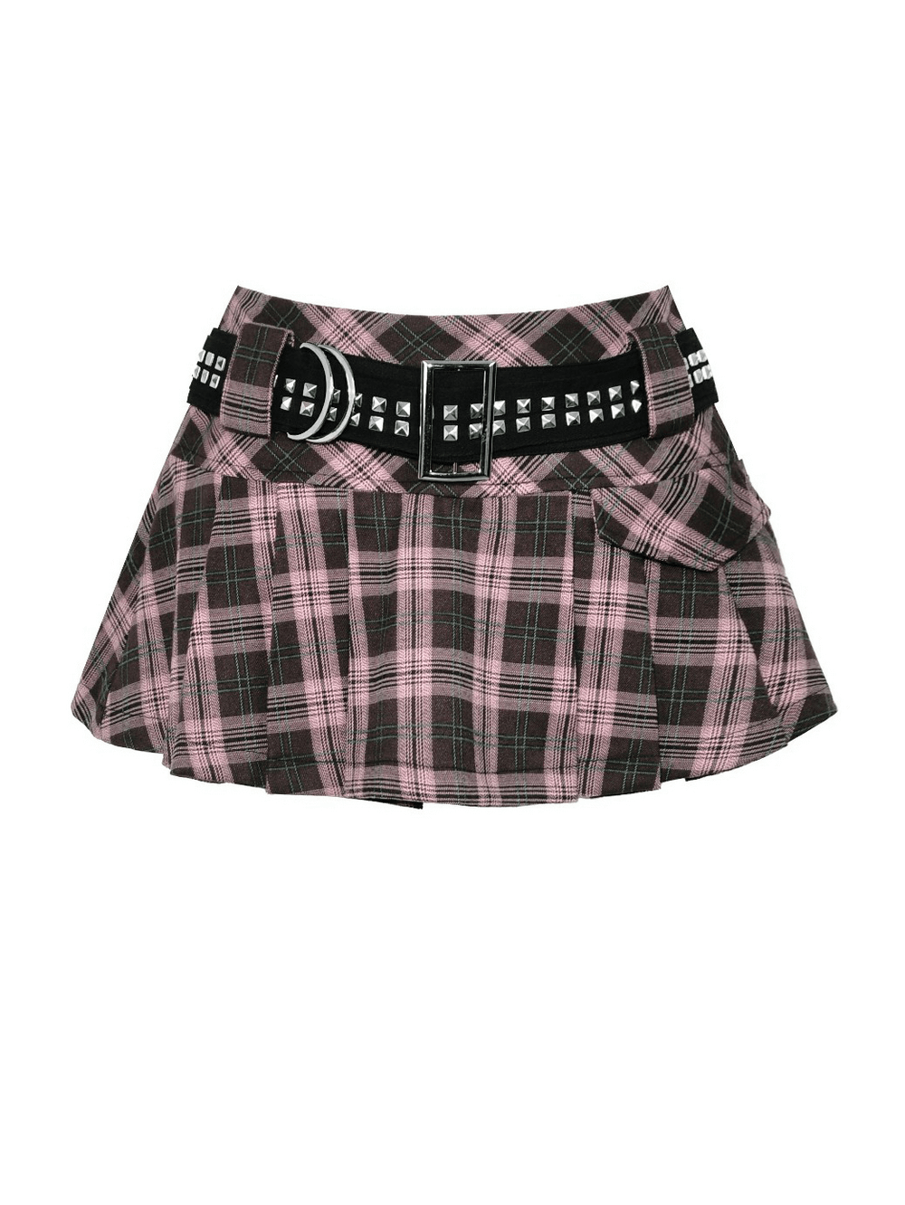 Trendy plaid mini skirt with studded belt and pleated design in pink, black, and green for chic outfits.