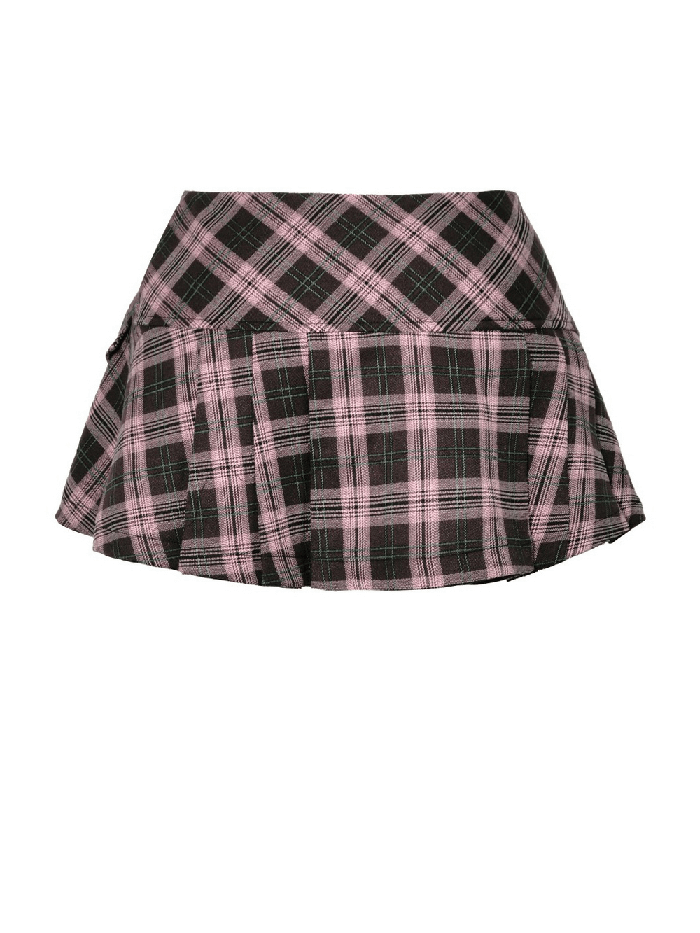 Trendy plaid mini skirt in black and pink with pleated design for stylish outfits.