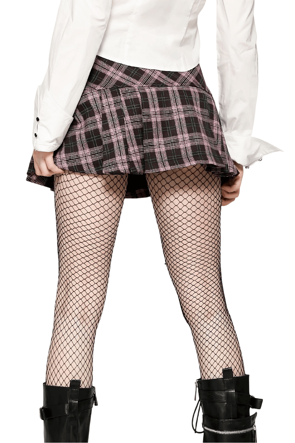 Back view of trendy plaid mini skirt with pleated design and fishnet stockings, perfect for edgy outfits.