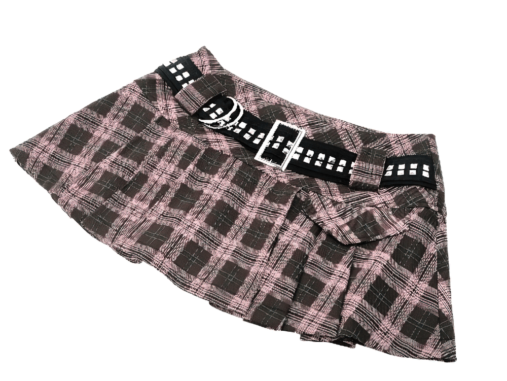 Trendy plaid mini skirt with studded belt and pleated design in black, pink, and green patterns.